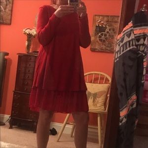 CL Shang Red L/S Swing Dress Lined Mesh Btm Bows
